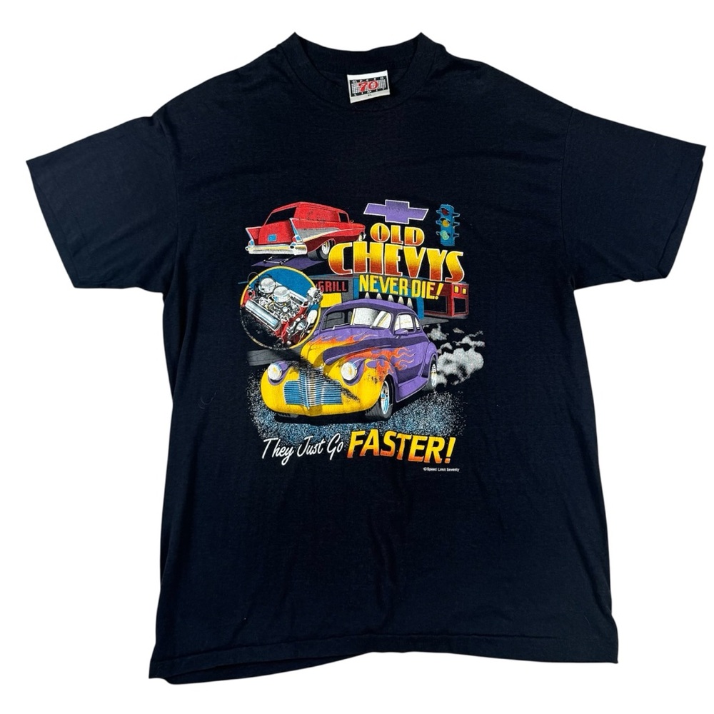 Vintage 80s Seventy Speed Limit Old Chevy T-Shirt Fast Cars Black Tee Mens XL